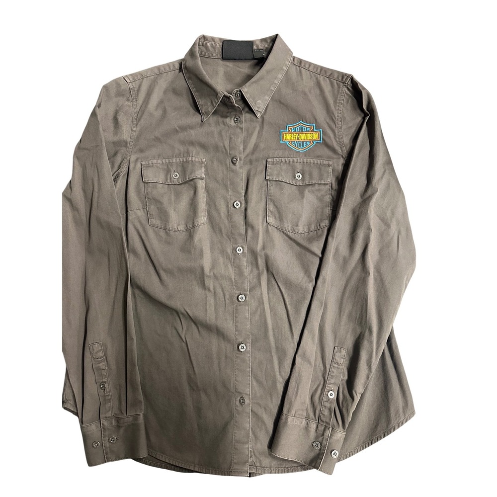 Harley Davidson Women's Long Sleeve Button Up Shirt Gray‎ Cotton Size L